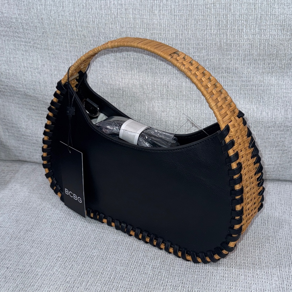 BCBG Black Shoulder Bag with Tan Woven Handle
